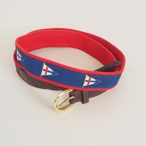 NAUTICAL FLAG Red & Blue Canvas Belt Sz 36 UNBRANDED w‎ Leather & Brass Buckle